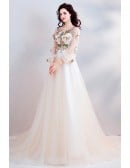 Elegant A-line Champagne Wedding Dress With Long Sleeves & Floral Embroidery