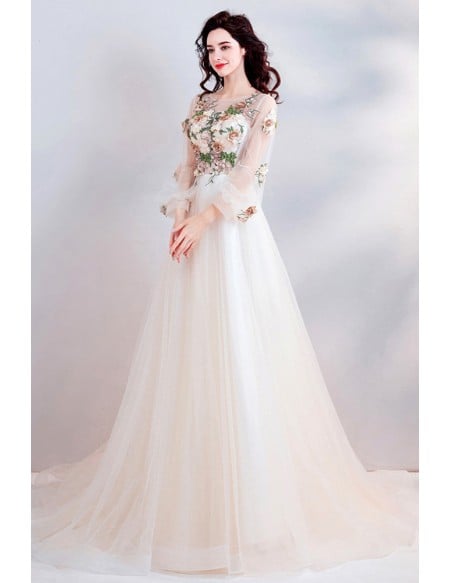 Elegant A-line Champagne Wedding Dress With Long Sleeves & Floral Embroidery