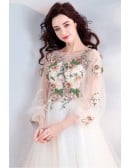 Elegant A-line Champagne Wedding Dress With Long Sleeves & Floral Embroidery
