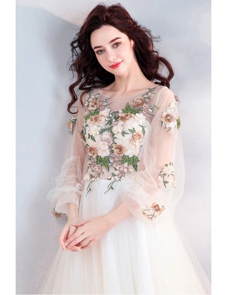 Elegant A-line Champagne Wedding Dress With Long Sleeves & Floral Embroidery