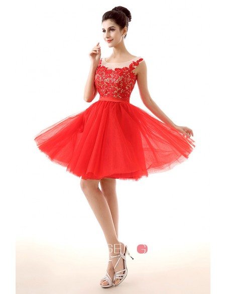 A-Line Scoop Neck Short Tulle Prom Dress With Appliquer Lace