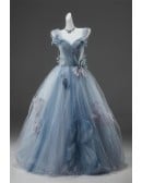 Dusty Blue Ball Gown Wedding Dress | Elegant Corset Bridal Gown With Ruffles Flowers