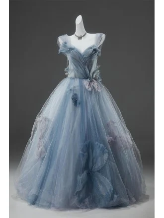 Dusty Blue Ball Gown Wedding Dress | Elegant Corset Bridal Gown With Ruffles Flowers