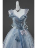 Dusty Blue Ball Gown Wedding Dress | Elegant Corset Bridal Gown With Ruffles Flowers