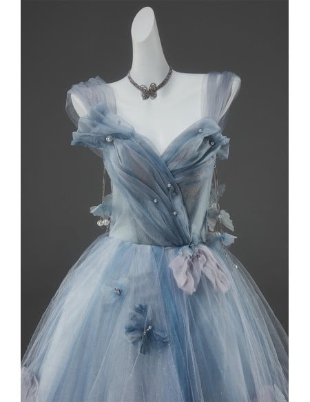 Dusty Blue Ball Gown Wedding Dress | Elegant Corset Bridal Gown With Ruffles Flowers