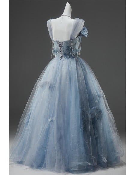Dusty Blue Ball Gown Wedding Dress | Elegant Corset Bridal Gown With Ruffles Flowers