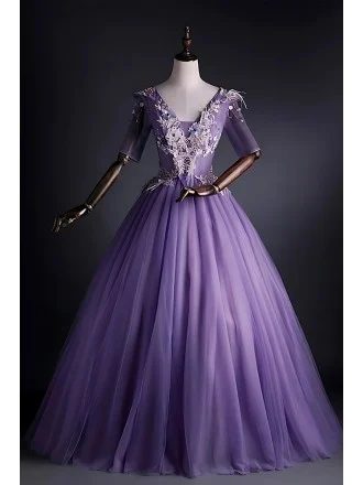 Elegant Royal Purple Wedding Dress With Sleeves - 3d Floral Embellished Quinceanera Gown