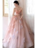 Elegant Dusty Pink Wedding Dress | Strapless Tulle Ball Gown With Delicate Flowers