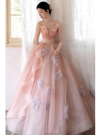 Elegant Dusty Pink Wedding Dress | Strapless Tulle Ball Gown With Delicate Flowers