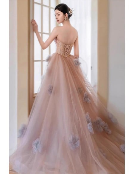 Elegant Dusty Pink Wedding Dress | Strapless Tulle Ball Gown With Delicate Flowers