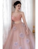 Elegant Dusty Pink Wedding Dress | Strapless Tulle Ball Gown With Delicate Flowers