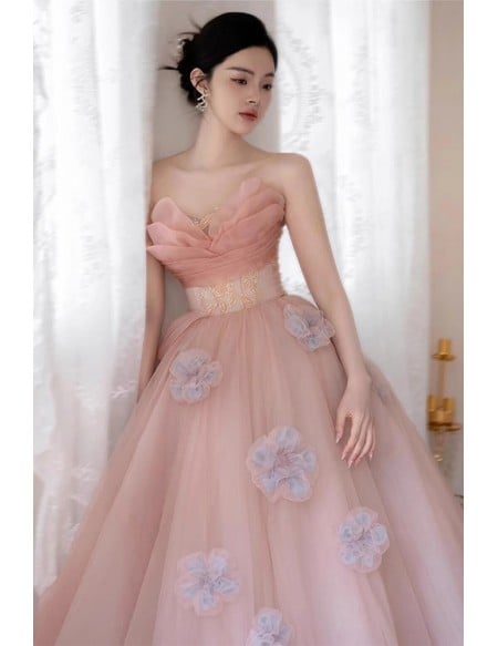 Elegant Dusty Pink Wedding Dress | Strapless Tulle Ball Gown With Delicate Flowers