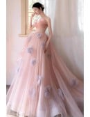 Elegant Dusty Pink Wedding Dress | Strapless Tulle Ball Gown With Delicate Flowers