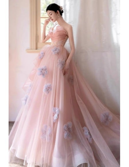 Elegant Dusty Pink Wedding Dress | Strapless Tulle Ball Gown With Delicate Flowers