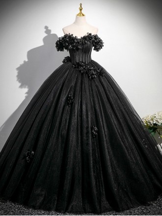 Gothic Black Tulle Ball Gown Wedding Dress | Off-shoulder Corset Bridal Gown With 3d Flowers