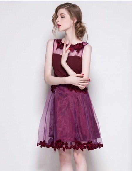 Burgundy Lace Organza Short Dress Party