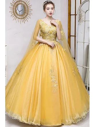 Stunning Gold Bridal Gown With Sheer Draped Sleeves & Lace-up Back