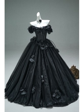 Gothic Black Wedding Dress For Bride | Formal Off-shoulder Corset Ball Gown