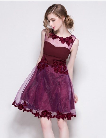Burgundy Lace Organza Short Dress Party