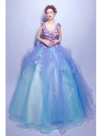 Sky Blue Fairy Tale Bridal Gown - V-neck Bodice With Ombre Tulle Skirt & Floral Accents