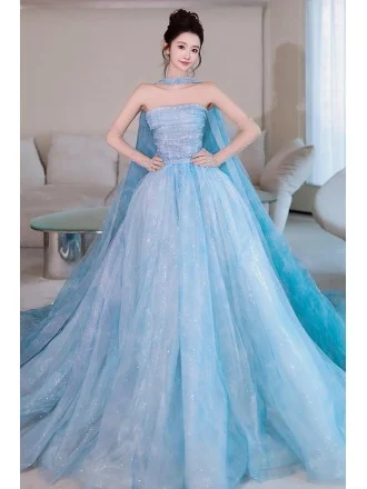 Beautiful Long Blue Wedding Dress For Bride | Flowy Pastel Blue Ball Gown With Glitter Tulle