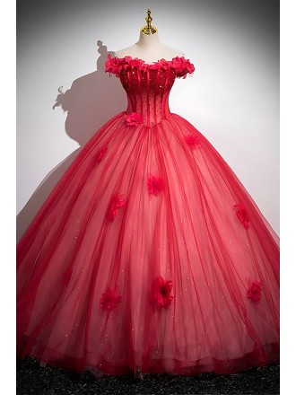 Elegant Ruby Red Wedding Dress - Off-shoulder Ball Gown With 3d Floral Embellishments
