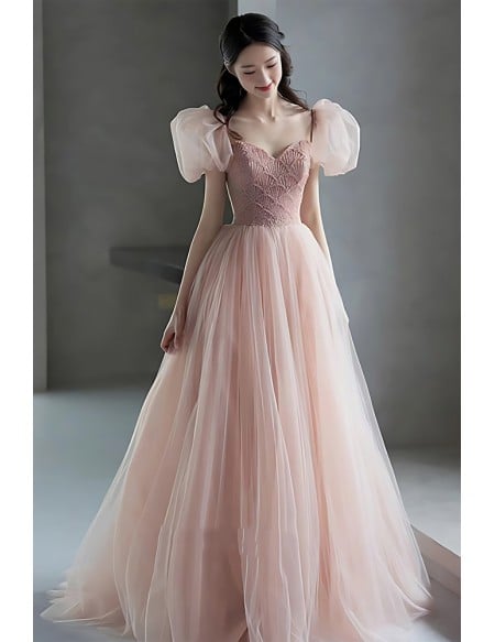 Elegant Blush Pink Tulle Wedding Dress - Romantic Ball Gown With Puffy Sleeves