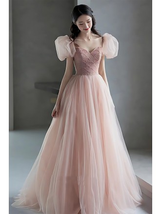 Elegant Blush Pink Tulle Wedding Dress - Romantic Ball Gown With Puffy Sleeves