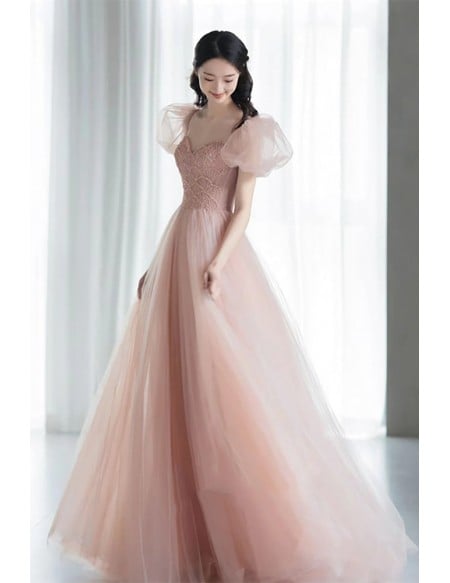 Elegant Blush Pink Tulle Wedding Dress - Romantic Ball Gown With Puffy Sleeves