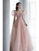 Elegant Blush Pink Tulle Wedding Dress - Romantic Ball Gown With Puffy Sleeves