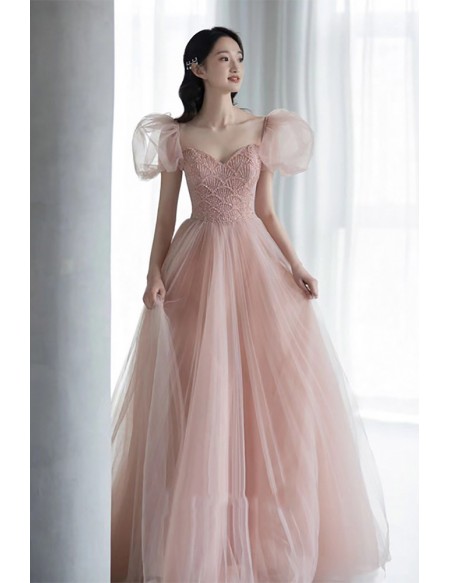 Elegant Blush Pink Tulle Wedding Dress - Romantic Ball Gown With Puffy Sleeves
