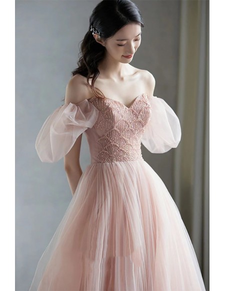 Elegant Blush Pink Tulle Wedding Dress - Romantic Ball Gown With Puffy Sleeves