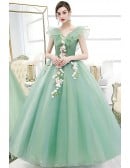 Graceful Sage Green Ruffled Tulle Wedding Dress With Floral Details - Formal Occasion Gown