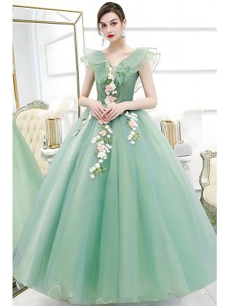 Graceful Sage Green Ruffled Tulle Wedding Dress With Floral Details - Formal Occasion Gown