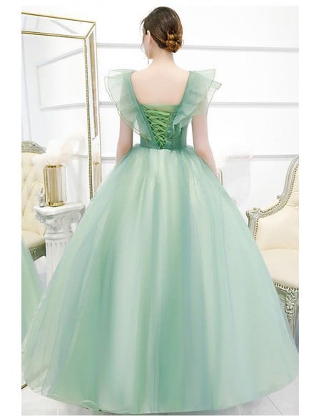 Graceful Sage Green Ruffled Tulle Wedding Dress With Floral Details - Formal Occasion Gown