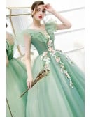 Graceful Sage Green Ruffled Tulle Wedding Dress With Floral Details - Formal Occasion Gown
