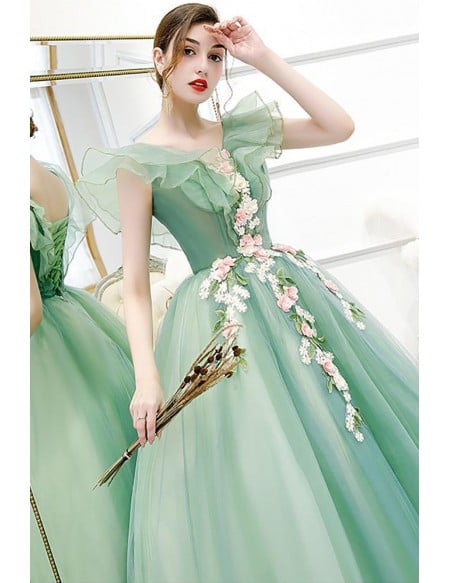Graceful Sage Green Ruffled Tulle Wedding Dress With Floral Details - Formal Occasion Gown