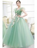Graceful Sage Green Ruffled Tulle Wedding Dress With Floral Details - Formal Occasion Gown