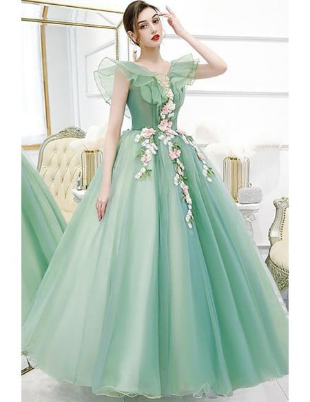 Graceful Sage Green Ruffled Tulle Wedding Dress With Floral Details - Formal Occasion Gown