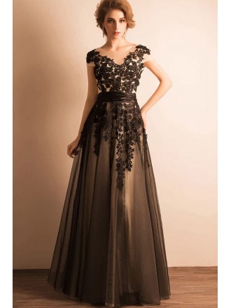 Long Black Tulle Wedding Dress For Bride | Modest Cap Sleeves With Floral Lace
