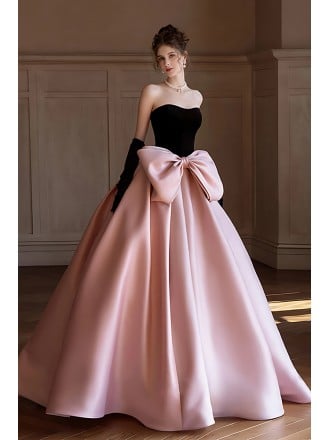 Elegant Black & Pink Ball Gown Wedding Dress - Strapless Formal Evening Gown With Big Bow