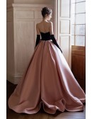 Elegant Black & Pink Ball Gown Wedding Dress - Strapless Formal Evening Gown With Big Bow