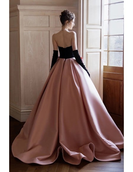 Elegant Black & Pink Ball Gown Wedding Dress - Strapless Formal Evening Gown With Big Bow
