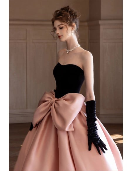 Elegant Black & Pink Ball Gown Wedding Dress - Strapless Formal Evening Gown With Big Bow