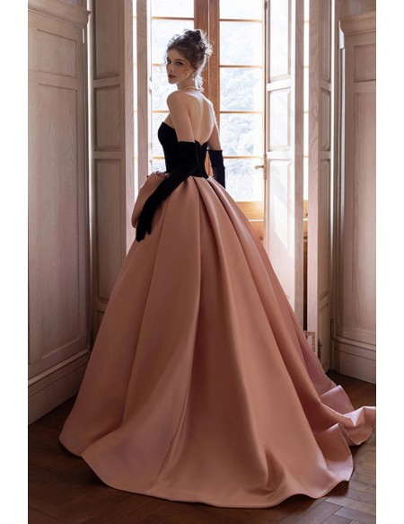 Elegant Black & Pink Ball Gown Wedding Dress - Strapless Formal Evening Gown With Big Bow
