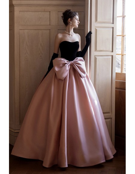 Elegant Black & Pink Ball Gown Wedding Dress - Strapless Formal Evening Gown With Big Bow