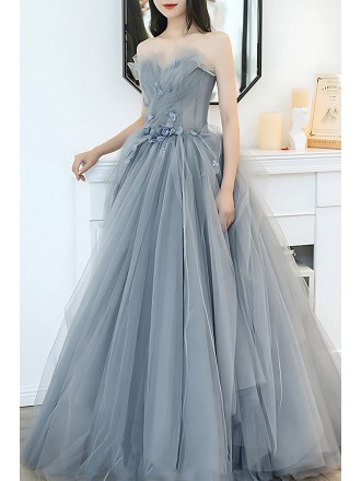 Stunning Grey Blue A-line Quinceanera Dress - Strapless Formal Gown With 3d Flowers