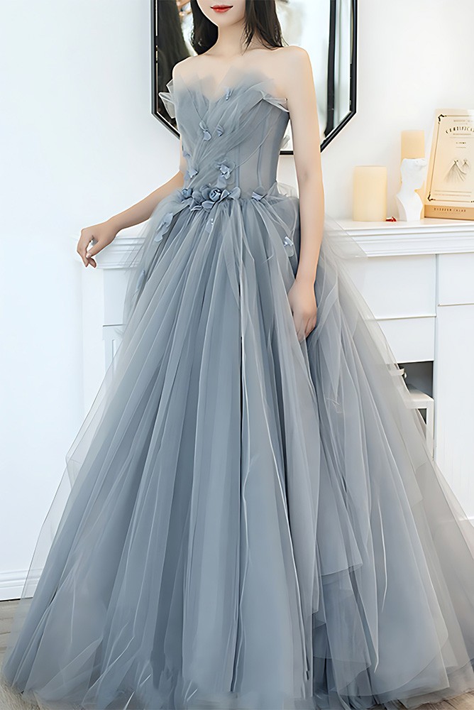blue grey quinceanera dresses Strapless Sweetheart Neck 3D lace appliqued Quinceanera Dresses,apd2518 main image 1