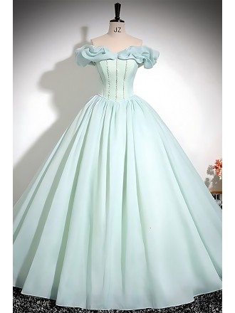 Elegant Mint Green Ball Gown Wedding Dress With Off-shoulder Ruffles