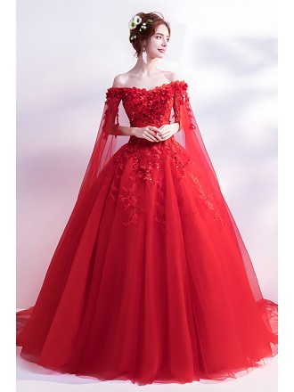 Stunning Red Ball Gown Wedding Dress - Off-shoulder Bridal Gown With Cape Sleeves & Lace Appliques